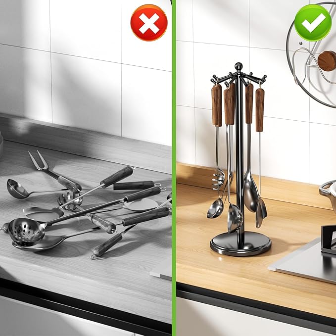 Kitchen Countertop Utensil Holder, Stainless Steel Rotatable Cooking Utensils Holder with 8 Rotating Hooks, Hanging Organizer for Spoon, Spatula, Black