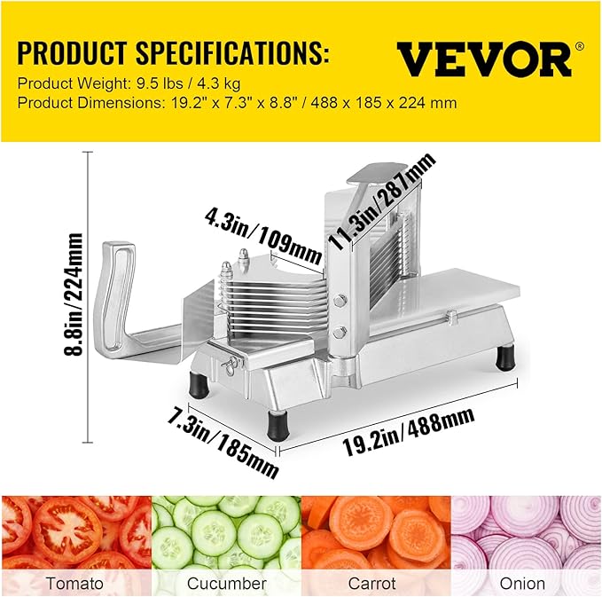 VEVOR Commercial Tomato Slicer, 1/4 inch Tomato Cutter Slicer, Stainless Steel Heavy Duty Cutter Machine, Manual with Non-slip Feet, for Cutting Tomatoes, Cucumbers, Bananas
