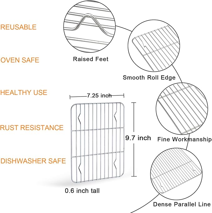 TeamFar Baking Rack, Stainless Steel Cooling Roasting Rack for Toaster Oven Pan, Healthy & Non Toxic, Sturdy & Rust Free, Oven & Dishwasher Safe - Set of 3 (9.7’’ ×7¼’’)