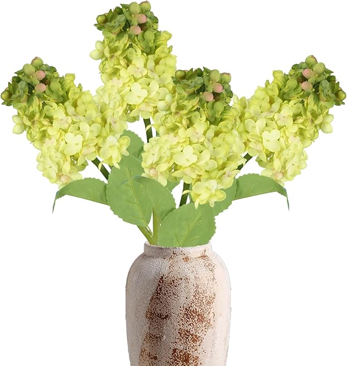 Green Hydrangea Artificial Flowers 4PCS Faux Silk Fall Flowers Artificial Dried Hydrangea Artificial Fall Bouquet 24” Fake Dried Hydrangeas Flowers with Stems for Table Vase Home Indoor Outdoor Decor