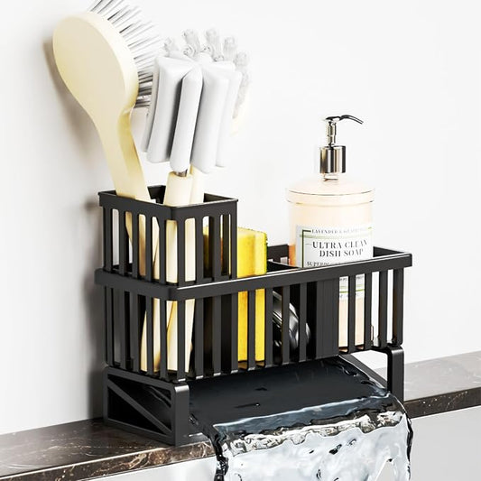 Yieach Rustproof Kitchen Sink Caddy Organizer,Plastic Scrubber,Dish Sponge Holder,Dish Soap Rack & Dispenser,Multifunctional Sponge Drain Rack,Dish Soap Caddy & Storage Organization Accessories,Black