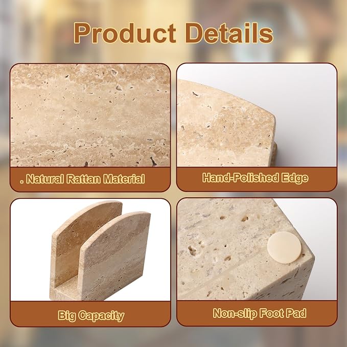 Travertine Stone Napkin Holder,Standing Napkin Holders Fit for 6.5”x6.5” Luncheon-Sized Napkins,Stone Napkin Holder for Table Kitchen Counter Dining Room Party Bar Decor,Beige