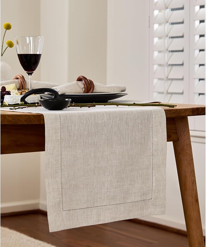 Solino Home Linen Light Natural Table Runner 60 Inches - Classic Hemstitch, 100% Pure Linen Coffee Table Runner 14 x 60 Inch Ideal for Dresser Tables - Summer
