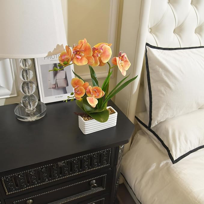 Artificial Real Touch Orchid Flowers in Pot Fake Phalaenopsis Flower with White Ceramic Vase Faux Orchids Arrangement for Home Table Office Wedding Party Decoration (Orange)