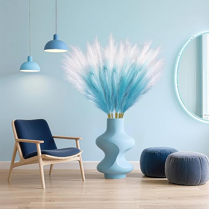 TORONTOKYO 8Pcs Blue Faux Pampas Grass Tall Decor, 35.4” Fluffy Artificial Pompous Grass Branches, Large Pampas Grass Reed Stems for Floor Vase Filler, Wedding, Baby Shower, Home Boho Decor