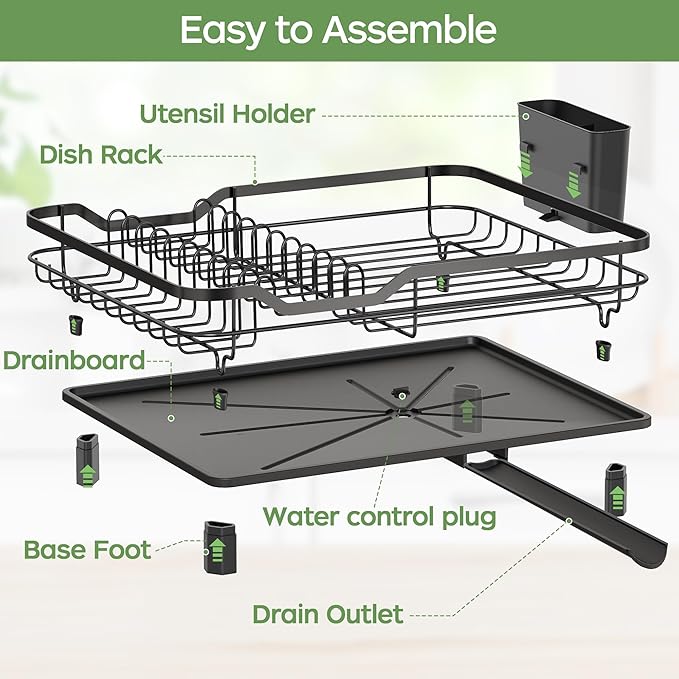 ROTTOGOON Dish Drying Rack, Stainless Steel Rustproof Dish Rack for Kitchen Counter, Sturdy Dish Drainer with Drainboard, Drainage, Utensil Holder for Various Kitchenware, 16.2"(L) x 12.6"(W), Black