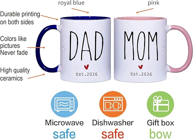 First Time Mom & Dad Coffee Mug Gift Set - New Parents Est. 2026, 2-Pack Pregnancy Announcement Cups for Expecting Couples, Baby Reveal Gift for Mom & Dad to Be-122