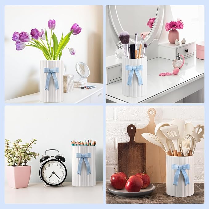 LemonRoad Blue Bow Ceramic Utensil Holder 3D Coquette Handmade Pink Kitchen Decor Gifts Cooking Utensil Crock with Scalloped Preppy Caddy Pen Holder Vase Graduation Gift for College Students