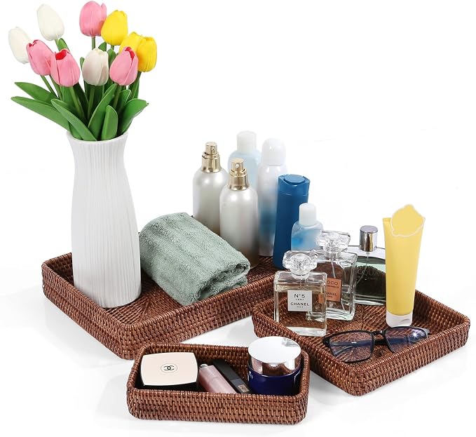 Rattan Tray Set of 3, Rectangular Woven Tray, Wicker Decorative Serving Tray, CoffeeTabletop Vanity Organizer, Bathroom Kitchen Counter, (S 4.3 x 8.3), (M 8.3 x 8.3), (L14.6 × 9.1) (Dark Brown)