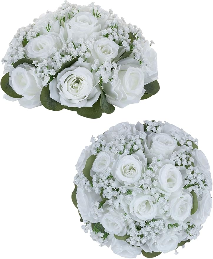 BLOSMON White Flower Balls for Centerpieces: 2 Pcs Rose Babys Breath Artificial Flowers Centerpiece for Home Table Decor - Faux Silk Kissing Floral Arrangements for Wedding Party Event Decoration