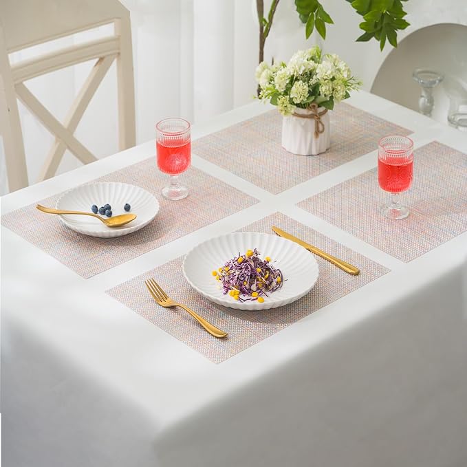 BACKTOEDEN Placemats Set of 6 Heat Resistant Washable Wipeable Placemat Woven Non-Slip Foldable Vinyl/Plastic Place Mats Indoor/Outdoor Mat Kitchen Dining Table Pad, Bright Silk Colorful
