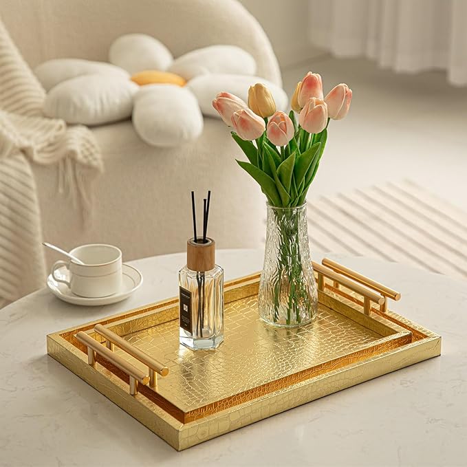 Modern Elegant Large Wood Serving Tray, Set of 2 Gold Crocodile Leather with Gold Polished Metal Handles, Home Decorative Rectangle Ottoman Decor Platter Living Room Bathroom Vanity Tray