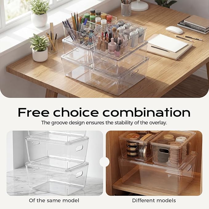 7 Pack White Storage Bins, Storage Bins with Lids, PET Plastic Pantry Organizers and Storage, Stackable Storage Bins for Kitchen, Bathroom, Closet, Office (Clear)