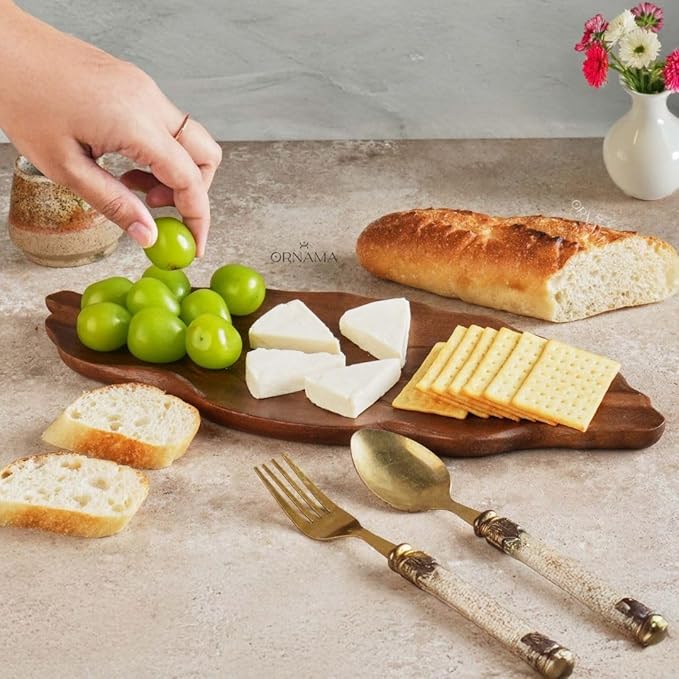 Wooden Serving Tray - Decorative Charcuterie Board with Leaf Design, Premium Acacia Wood Cheese & Fruit Platter, Kitchen Table Centerpiece & Rustic Home Decor