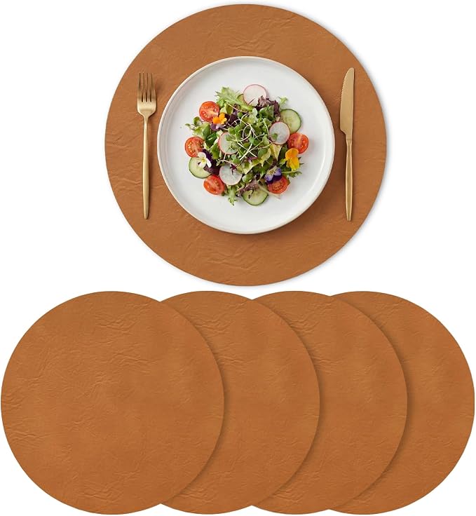 Artoid Mode Rust Faux Leather Placemats Set of 4, 15 Inch Waterproof Wipeable Heat Resistant Vinyl Place Mats, Reversible Table Mats for Fall Kitchen Dining Decor
