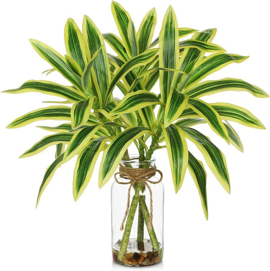 Faux Greenery Stems in Vase Dracaena Aritificial Plant in Glass Vase with Faux Water & Stones 15.7" Small Potted Plants Arrangement Centerpieces for Farmhouse Kitchen Dinner Tables Greenery Decor