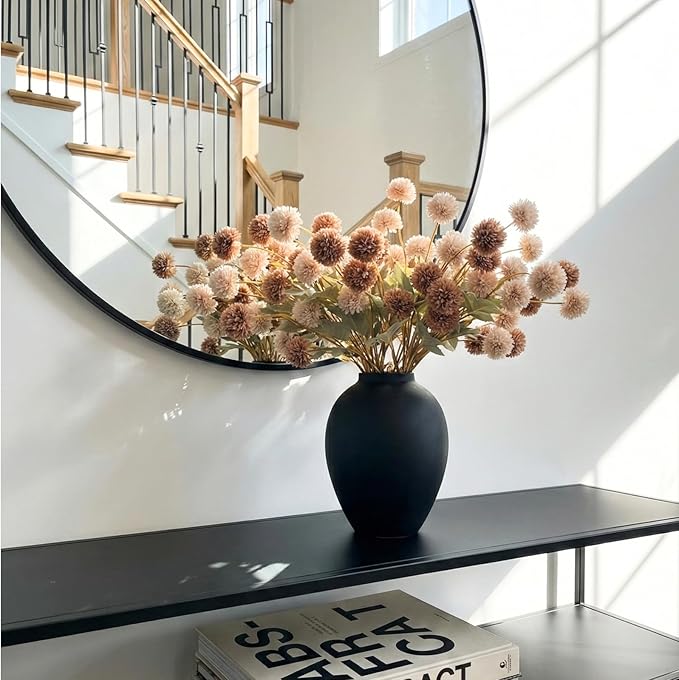22pcs Artificial Beige & Brown Kiku Flowers with Eucalyptus Stems Bulk, Faux Silk Mum Pom Poms for Vase, Modern Farmhouse Boho Home Decor, Realistic Floral Centerpiece for Kitchen & Living Room