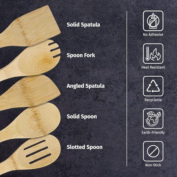 PrintSupremacy Bamboo Cooking Spoons Set, Non Stick Wooden Kitchen Gadget Pan Cookware, Baking Gift for Housewarming Wedding Birthday, Chef Foodie Gift (Plain, 1 Piece - Spoon Fork)