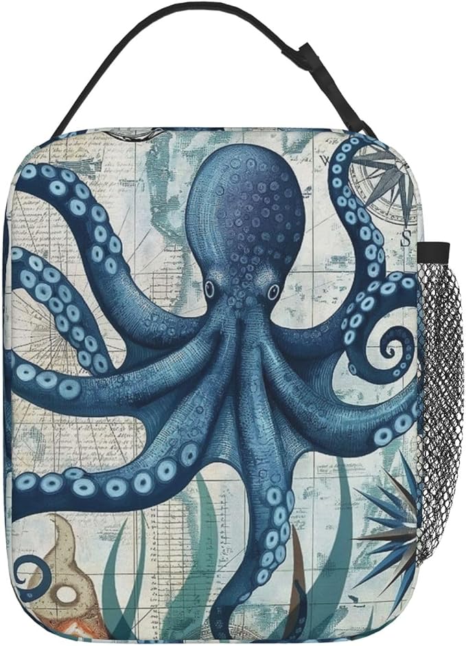 Octopus Lunch Box for Adults Women Girls Boys Kids Nautical Coastal Lunch Box Insulated Cooler Reusable Lunch Bag Container Gifts for Work Office Picnic Travel School