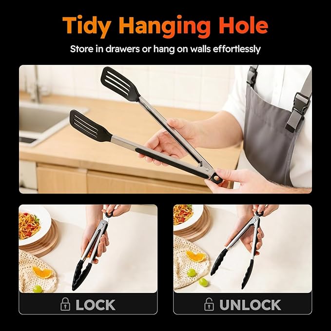 HST Tongs for Cooking with Silicone Tips(3 Pack), Non Stick Kitchen Tongs with Silicone Tip for Cooking BBQ Baking (12", Black)