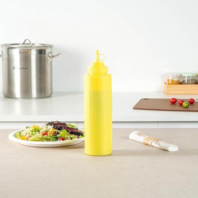 Restaurantware Plastic Squeeze Bottle 32 oz Wide Mouth Condiment Bottle With Cap Reusable Dishwashable Yellow Sauce Dispenser For Syrups, Ketchup, Mustard, Oil, Dressing, Honey, Art And Craft