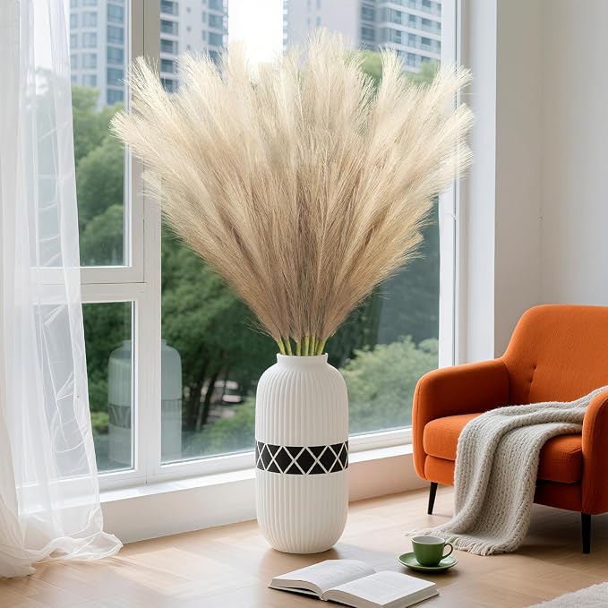 Torontokyo 8Pcs Beige Brown Faux Pampas Grass Tall Decor, 35.4” Fluffy Artificial Pompous Grass Branches, Large Pampas Grass Reed Stems for Floor Vase Filler, Wedding, Baby Shower, Home and Boho Decor