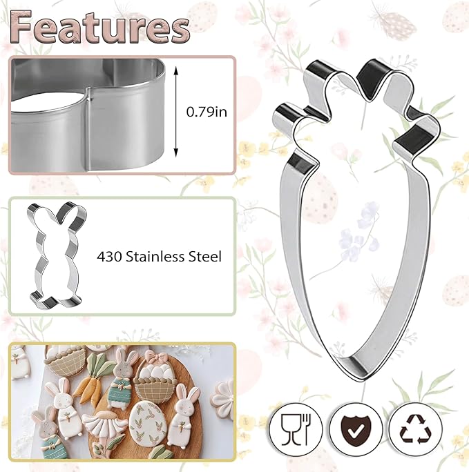 Easter Cookie Cutters 6 Pieces Metal cookie cutters Stainless Steel Sets Egg, Rabbit, Carrot, Chick, Butterfly, Daisy Shapes Cookie Cutter for Spring Holiday Baking