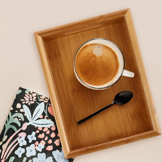 Generic 1 Pack Bamboo Serving Tray, 6x8x1.5'' Small Rectangular Ottoman Tray with Handle, Portable Food Serving Platter, Coffee Table Decoration