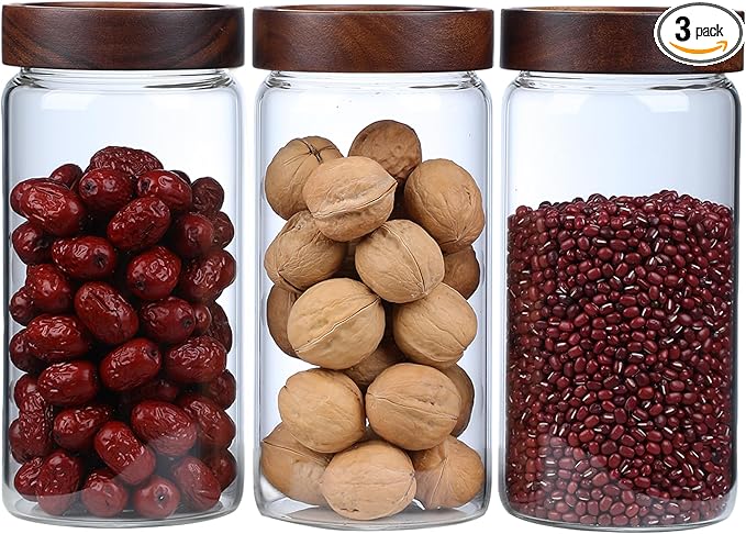 40.5 fl.oz -3 pack Glass Jars with screw Acacia Lids, Glass Food Storage Containers with Airtight Lids, Glass Container Jar Set for Coffee, Nut, Candy, Cereal, Sugar, Snacks, Blooming Tea,Spice