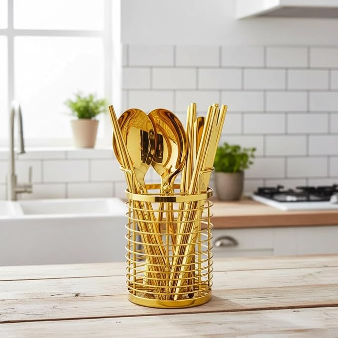Rotating Kitchen Utensil Holder, Golden Stainless Steel Mesh Cutlery Drainer, Organizer with Dividers, Countertop Storage Basket