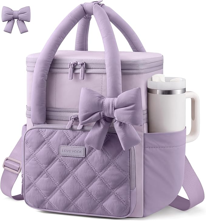 LOVEVOOK Insulated Lunch Bag Women,Expandable Double Deck Adult Lunch Box Women with Cup Holder,Bow Quilted Puffer Lunch Tote,Large Leakproof Collapsible Cooler Bag for Work College Picnic Meal Prep