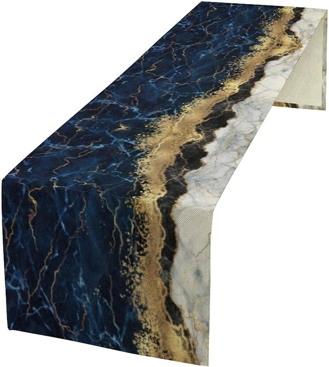 Marble Table Runner, Abstract Navy Blue and Gold Modern Luxury Texture Printed Linen Table Runners for Living Room Farm Kitchen Dining Room Party Holiday Home Decor 13" W x 120" L