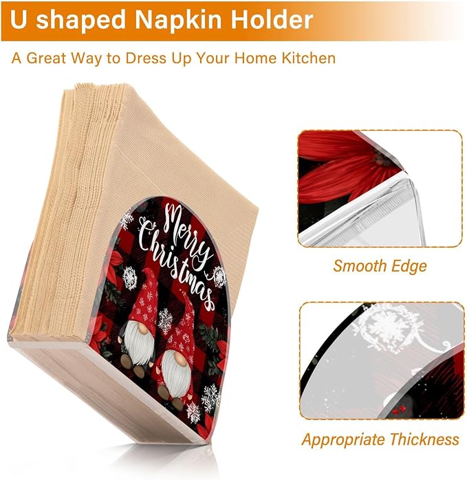 Napkin Holder Acrylic Napkin Holder for Table Kitchen Party Restaurant U Shaped Upright Napkin Dispenser Organizer Red and Black Checkered Christmas Gnomes