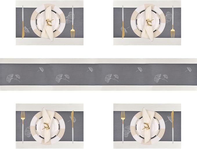 PIGCHCY Elegant Placemats with Matching Table Runner,Washable Durable Plastic Placemats for Dining Table Sets(6pcs Placemats+1pcs Table Runner, Gray)