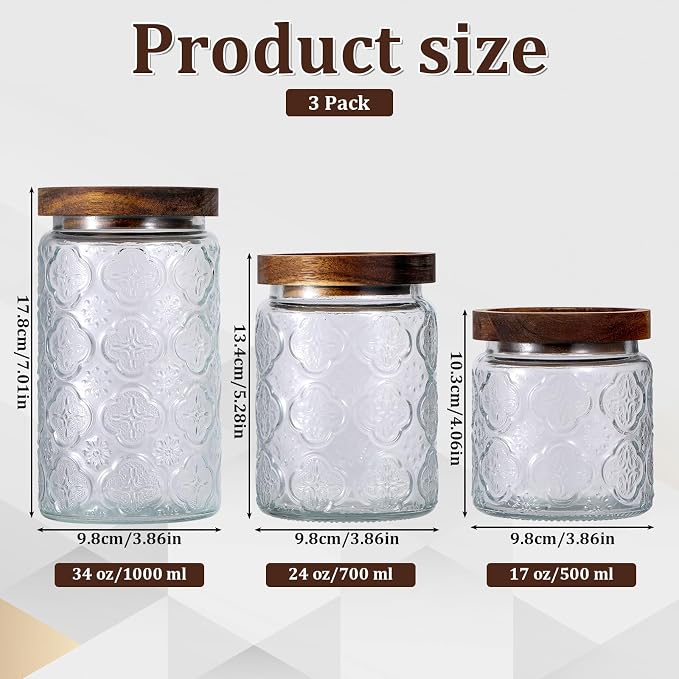 SHENLIU 3Pcs 17/24/34 oz Glass Jar with Airtight Lid, Vintage Food Storage Containers Set Food Jars Canisters for Kitchen Counter Pantry, Sugar, Flour, Candy, Tea, Coffee Beans, Oats, Grain Bin, Pasta
