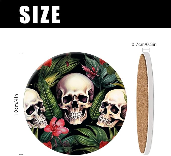 Tropical Plants Flower Floral Skull Multicolor Set of 4 Ceramic Coasters with Holder,Absorbent Drink Bar Coasters,Table Coasters