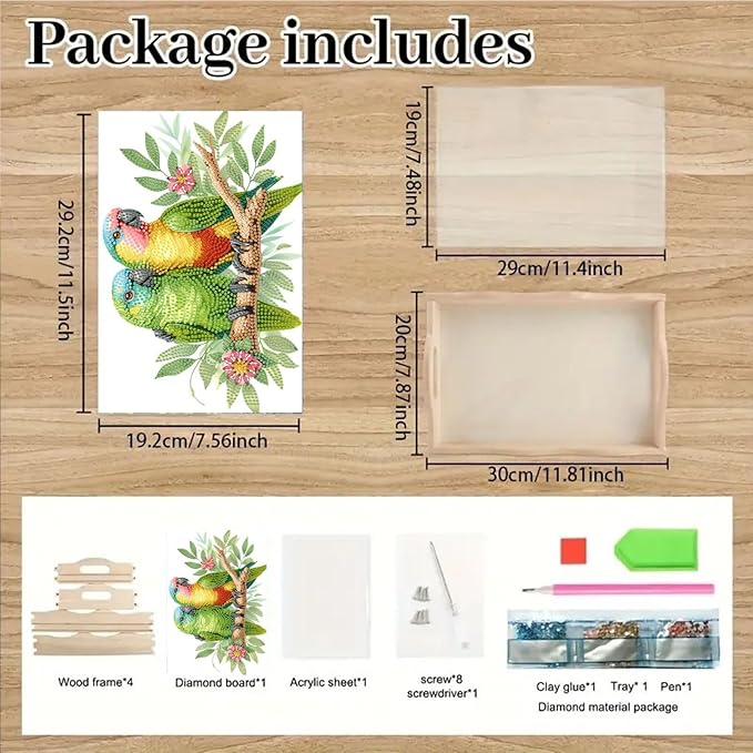 BAYUNOE DIY Diamond Serving Tray Rectangular Wooden Breakfast Tray with Handle Handmade Diamond Art Painting Spring Creative Dinner Plate Coffee Room Living Home Organizer-Parrot