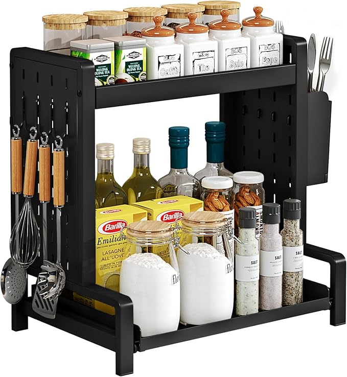 INGIORDAR 2 Tier Spice Rack Metal Standing Kitchen Seasoning Storage Shelf with Hanging Basket Pull Out Countertop Organizer for Counter, Cabinet, Pantry, Bathroom, Bedroom (Black)