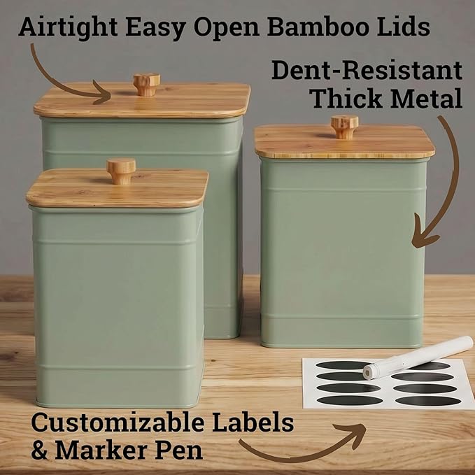 Kitchen Canisters for Countertop Set of 3 with Customizable Chalkboard Labels & Marker Pen - Big Iron Kitchen Canisters with Airtight Lids - Sage Green Canister Set - Flour and Sugar Containers