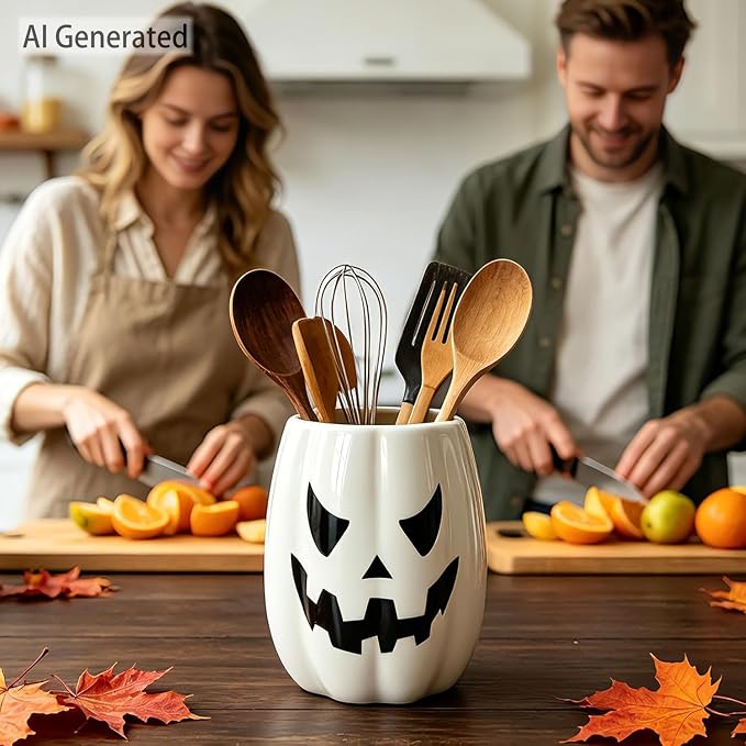 pinata Halloween Kitchen Decor Ceramic White Pumpkin Utensil Holder, Cute Halloween Utensils Holder, Ceramic Utensils Crock for Rustic Farmhouse Indoor Kitchen Decorations(6.3 Inches)