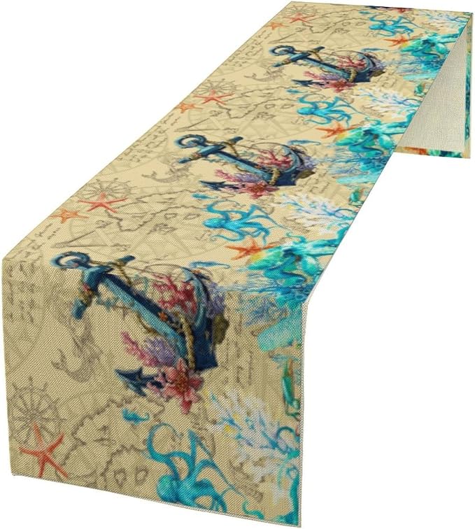 Nautical Anchor Table Runner, Vintage Old Treasure Map Watercolour Coral Plant Starfish Octopus Ship Anchor Table Decor Table Top Dining Kitchen Wedding Party 13x36 Inch