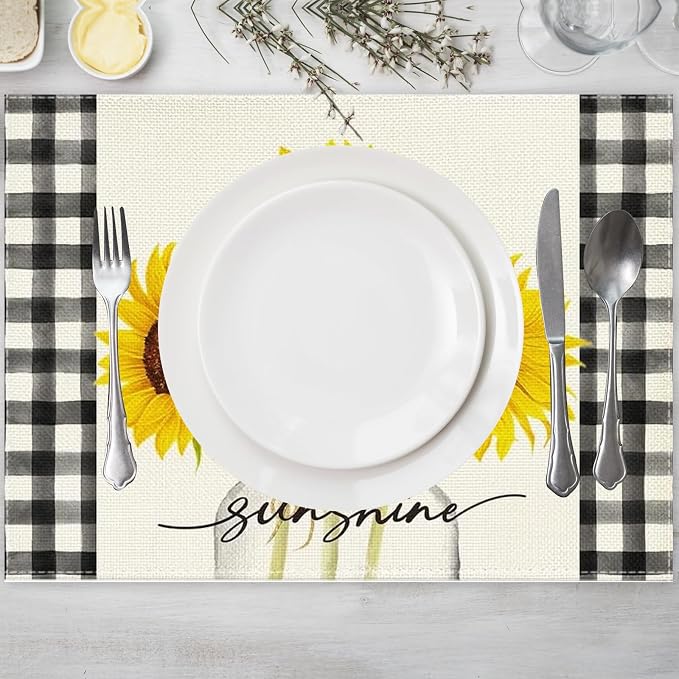 Niviy Sunflower Placemats Set of 6, 12x18 Inch Sunshine Vase Summer Spring Table Mats for Holiday Party Kitchen Dining Room Decoration