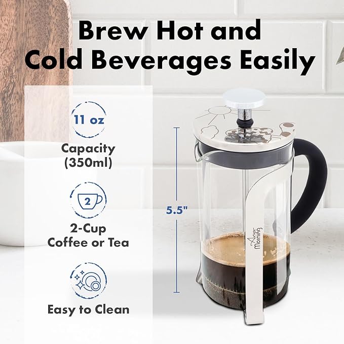 Any Morning French Press Coffee Maker,Tea & Coffee Press with Triple Stainless Steel Filter, small french press Coffee Brewer for Camping and Travel, Borosilicate Glass, 11 Oz, Black