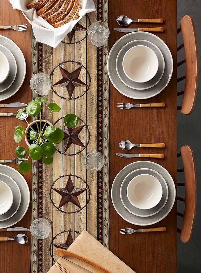 Western Farmhouse Table Runner 48 Inch Long Dresser Scarves Primitive Rustic Cotton Linen Tablerunners Country Retro Texas Star Dining Kitchen Burlap Table Setting Decor for Party Holiday, 13"x48"