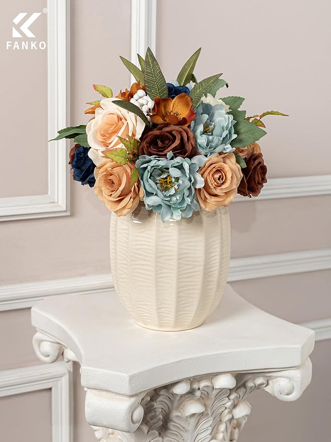 FANKO Artificial Flowers for DIY, Navy Blue Brown Peach Faux Flowers Bouquet, Colorful Fake Rose Peony Poppy Silk Flowers for Vase, Home Decor, Garland, Summer Wedding, Birthday, Party