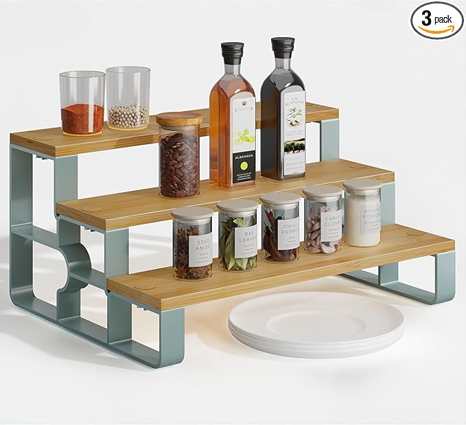 3 Tier Bamboo Spice Rack for Kitchen Countertop, Stepped Seasoning Organizer Shelf, Space-Saving Kitchen Storage for Spice Jars & Condiments, Easy Assembly (14" Width)