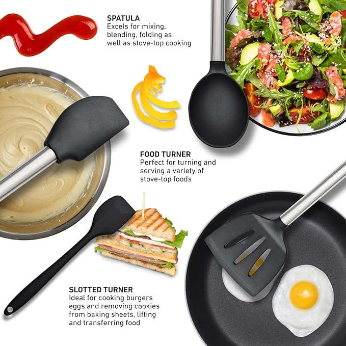 Silicone Kitchen Utensils Set 33 PCS Heat Resistant Food Grade Silicone Utensils Set for Cooking with Stainless Steel Handles BPA Free Kitchen Gadgets Tools Set with Holder Safe for Nonstick Cookware