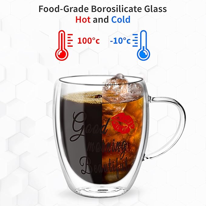 Double Wall Glass Coffee Mugs Set of 2, Clear Insulated Glass Mugs for Hot Beverages, Valentines Day Gifts, Suitable for Tea, Latte, Espresso, Cappuccino (12 oz Couple)