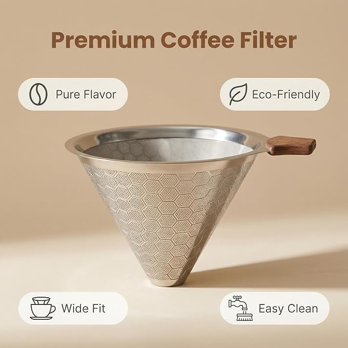 Upgrade Reusable Pour Over Coffee Filter for Chemex & Hario V60, Double Layer Fine Mesh Stainless Steel, Cone Coffee Filter 3.46inch height, 4-10 Cup Coffee Makers, Eco-Friendly Coffee Strainer