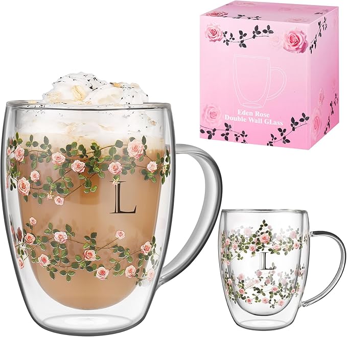 Initial Glass Cup for Women, 12oz Rose Double Walled Glass Coffee Mugs, Personalized Gifts for Women, Initial Coffee Tea Mug with Scarf, Birthday Wedding Gifts for Mom Teacher (ROSE-L)